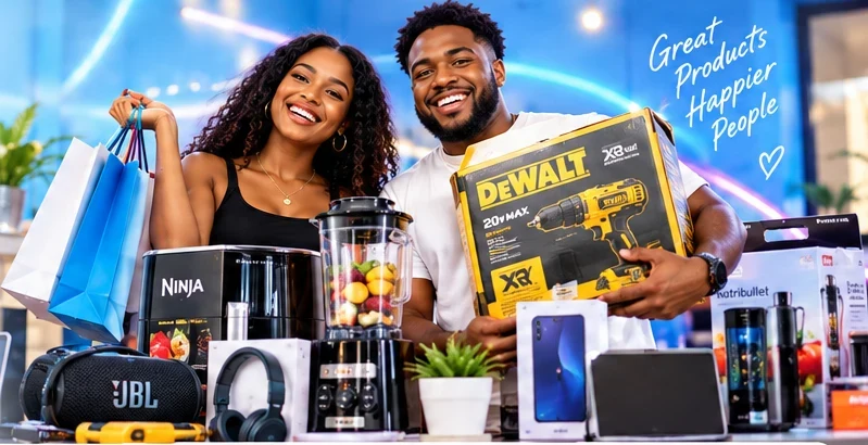Happy customers with selected store products